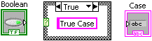 A row of three icons. From left to right the icons are a boolean icon, a box icon with the word 'true' at the top and a pink box in the middle containing 'true case', and the third icon is a case icon.