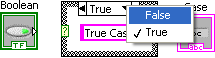A row of three icons. From left to right the icons are a boolean icon, a box icon with the word 'true' at the top and a pick box containing 'true case'. There is also a menu on top of this second icon with 'false' highlighted in blue and a check mark next to 'true'. The third icon is a case icon.