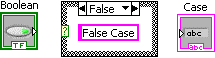 A row of three icons. From left to right the icons are a boolean icon, a box icon with the word 'false' at the top and a pick box containing 'false case'. The third icon is a case icon.