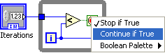 Three elements comprise this diagram. From left to right there is an icon labeled 'Iterations' connected via a line to a large box containing an 'i' in a blue box and a triangle containing '<' which is connected to a green square red circle. The 'i' is connected via a line to an icon outside the large box labeled 'count'. There is a menu overlaid on top of the diagram and the menu item 'Continue if True' is highlighted, while the item 'Stop if True' has a check mark next to it.