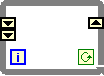 A box with two black down arrow boxes on the far right of the box, blue box 'i' on the lower left of the box, and up arrow on the upper right of the box and a green square with a circular arrow in the lower right of the box.