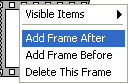 An empty film frame overlaid by a menu with the item 'Add Frame After' highlighted in blue.