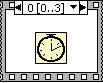 A film frame with '3[0..3]' with arrows on either side pointing to the right and a down error. A clock icon is contained in the middle of the frame.