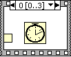 A film frame with '3[0..3]' with arrows on either side pointing to the right and a down error. There is a clock icon in the middle of the frame with a hollow square on the lower left. 