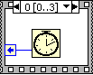 A film frame with '3[0..3]' with arrows on either side pointing to the right and a down error. There is a clock icon in the middle of the frame connected to a square containing a blue arrow on the lower left via a line. 