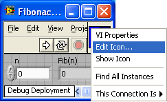 A screen cap of a windows window with a menu on top. The item 'edit icon' is highlighted in the menu.