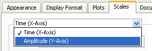 A screencap of a window with many tabs along the top of the window. The fourth tab 'scales' is selected and a drop down menu is selected with the menu item 'Time (X-Axis)' has a check mark next to it. The menu item 'Amplitude (Y-Axis)' is highlighted in blue. 