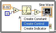 A screen cap of a diagram of an 'Interactive Sine Wave Diagram'. The diagram consists of several icons. From left to right the there is a orange box containing '0.02' and below that a blue box containing 'i'. Lines connect these boxes to a triangular box containing 'x. A line connects this to a wave icon which is connected to another triangular box containing 'x'. A line connects this triange to an icon labeled 'Sine Wave'. Below this row of icons there is an icon labeled 'Amplitude' that is connected to the second triangle. A red button icon is located in the bottom right corner. Over this button there is a menu with the menu item 'Create Control' highlighted in blue.