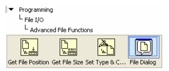 A screencap of a file dialog. There is a level listing at the top. The level nesting is as follows, with upper most level first. Programming, them File I/0, and then Advanced File Functions. Below Advanced File Functions is a horizontal list of four icons. From left to right the icons are labeled: Get file position, get file size, set Type &C... and finally, File Dialog. The File Dialog icon is contained within a light blue box.
