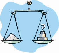 A picture of a measuring balance with 100 grains of rice on the left scale and an unknown weight on the right scale.