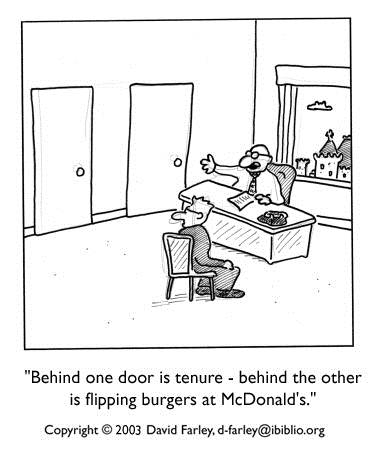 A cartoon of someone saying 'Behind one door is tenure, behind the other is flipping burgers ad McDonalds.