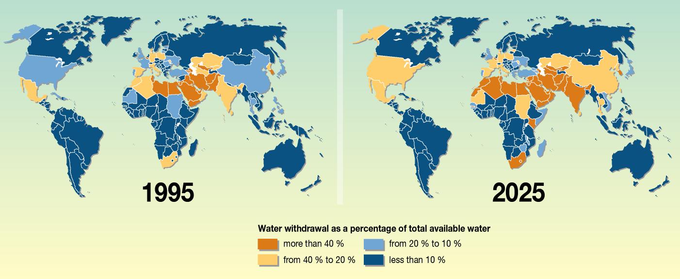 Map of Countries Facing Water Stress in 1995 and Projected in 2025