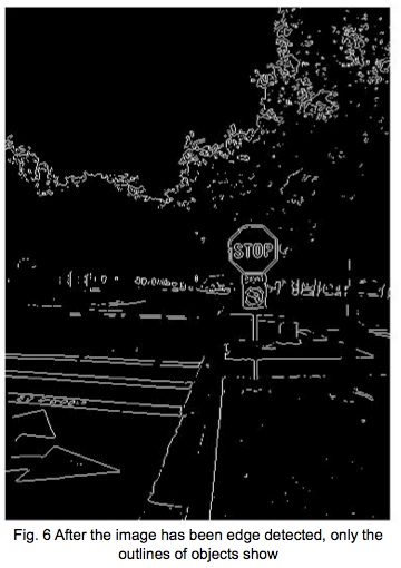 image of a stop sign that has been edge detected, outlines of objects show in white on black background