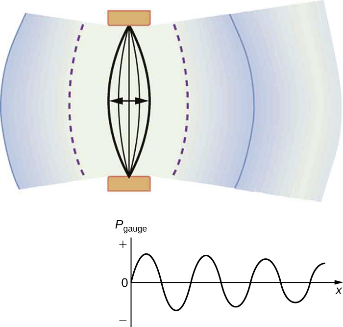 Part a of the diagram shows a vibrating string held fixed at both the ends. The string is shown to vibrate to and fro toward left and right. The compression and rarefaction of air is shown as bold and dotted arcs around the string. Part b shows a graph of pressure versus distance from the source. The pressure is along the y axis and the distance is along the x axis. The graph is a sine wave along the x axis.