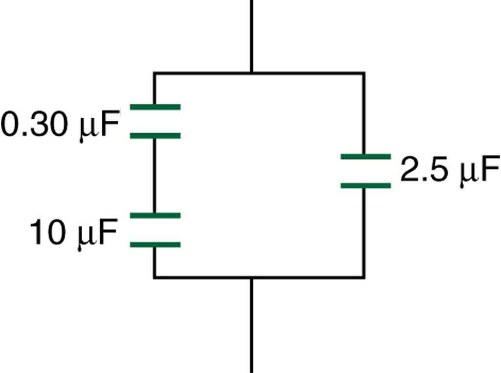 The circuit includes three capacitors. A zero point three zero microfarad capacitor and a ten microfarad capacitor are connected in series, and together they are connected in parallel with a two point five microfarad capacitor.