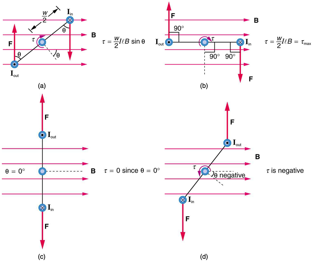 Diagram showing a current-carrying loop from the top, and four different times as it rotates in a magnetic field. The magnetic field oriented toward the right, perpendicular to the vertical dimension of the loop. In figure a, the top view of the loop is oriented at an angle to the magnetic field lines, which run left to right. The force on the loop is up on the lower left side where the current comes out of the page. The force is down on the upper right side where the loop goes into the page. The angle between the force and the loop is theta. Torque is clockwise and equals w over 2 times I l B sine theta. Figure b shows the top view of the loop parallel to the magnetic field lines. The force on the loop is up on the left side where I comes out of the page. The force on the loop is down on the right side where I goes into the page. The angle theta between the F and B is ninety degrees. Torque is clockwise and equals w over 2 I l B equals maximum torque. Figure c shows the top view of the loop oriented perpendicular to B. The force on the loop is up at the top, where I comes out of the page, and down at the bottom where I goes into the page. Theta equals 0 degrees. Torque equals zero since sine theta equals 0. In figure d the force is down on the lower left side of the loop where I goes in, and up on the upper right side of the loop where I comes out. The torque is counterclockwise. Torque is negative.