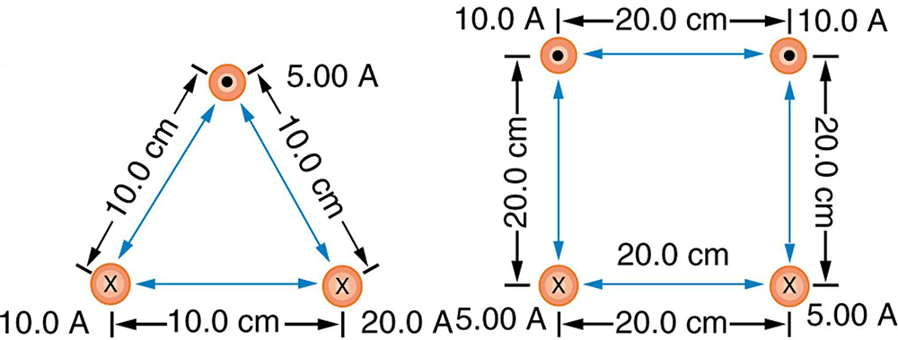 Figure a shows the cross sections of three wires that are parallel to each other and arranged in an equilateral triangle. The bottom left wire has current of ten point zero amps into the page. The bottom right wire has a current of twenty point zero amps also into the page. The wire at the top of the triangle has current five point zero amps out of the page. The triangle that the wires make with each other is ten point zero centimeters on each side. Figure b shows four parallel wires arranged in a square that is twenty point zero centimeters on a side. The top two wires have current of ten point zero amps out of the page. The bottom two wires have current of five point zero amps into the page.