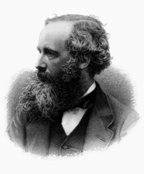 This black and white engraving shows physicist James Clerk Maxwell as a Victorian era gentleman dressed in bowtie, vest, and jacket, and sporting a full, graying beard and moustache.