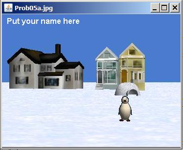 Spacer image of a penguin in the snow in front of some houses.