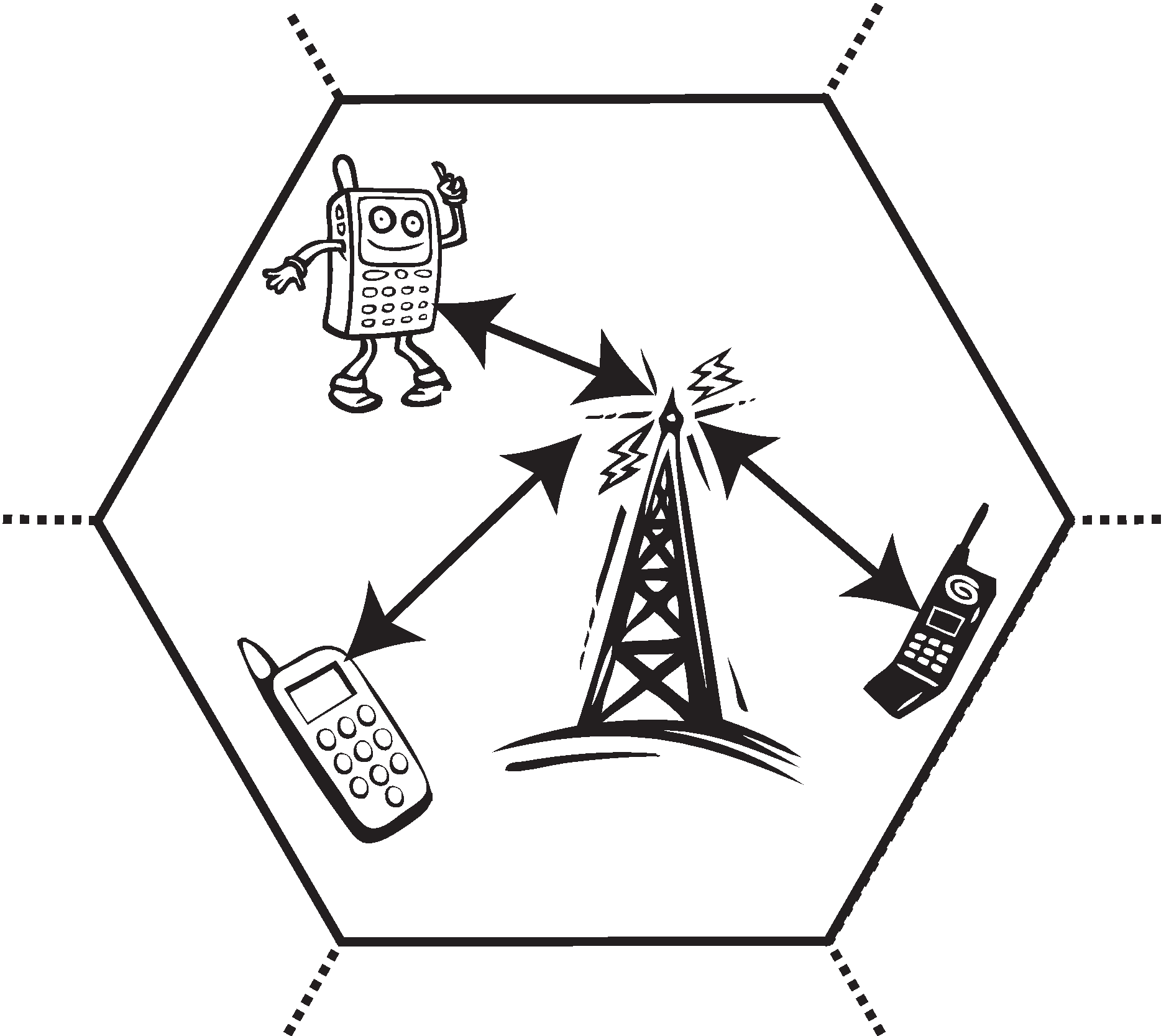 A base station transmitting to several mobile users within a single cell. Users within the cell may use a time delay protocol where each user is assigned a sequential time slot, while adjacent cells operate using nearby frequencies.