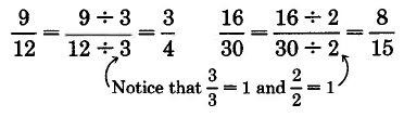 Nine-twelfths is equal to nine divided by three, over nine divided by three, which is equal to three-fourths. Sixteen thirtieths is equal to sixteen divided by two, over thirty divided by 2, which is equal to eight-fifteenths. Notice that three over three and two over two are both equal to 1.