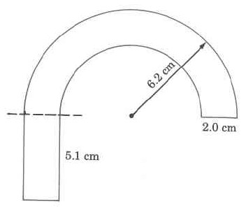 A cane-shaped object of an even thickness, with one straight portion and one portion shaped in a half-circle. The thickness is 2.0cm, the length of the straight portion is 5.1cm, and the radius of the semicircle portion is 6.2cm.