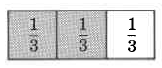 A rectangle divided into three equal parts with vertical bars. Each part contains the fraction, one-third. The two leftmost parts are shaded.