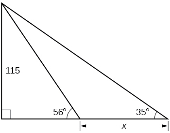 A right triangle with side of 115 and angle of 35 degrees. Within right triangle there is another right triangle with angle of 56 degrees. Side length difference between two triangles is x.