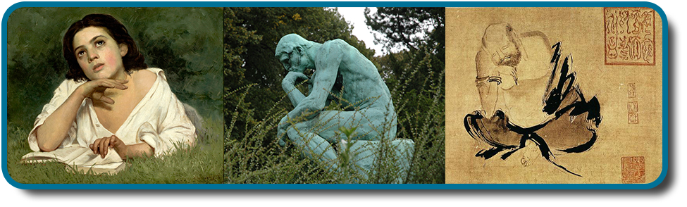 Three side by side images are shown. On the left is a person lying in the grass with a book, looking off into the distance. In the middle is a sculpture of a person sitting on rock, with chin rested on hand, and the elbow of that hand rested on knee. The third is a drawing of a person sitting cross-legged with his head resting on his hand, elbow on knee.