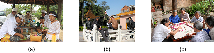 Three photographs show three groups of people: a family preparing a meal, a group of men sitting on a porch, and a group of women playing mahjong.