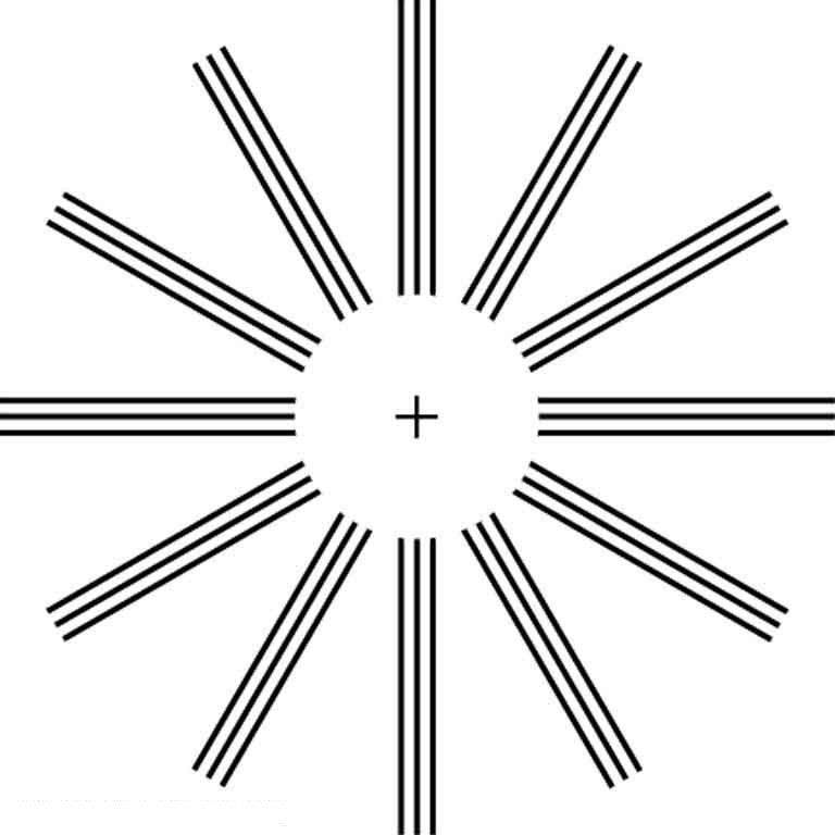 A circle without border and a cross sign in between. A wheel type structure is shown with parallel lines coming from the border of the circle.