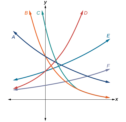 Graph of six exponential functions.