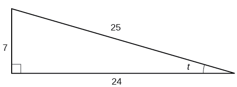 A right triangle with sides of 7, 24, and 25. Also labeled is angle t.