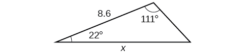 A triangle. One angle is 111 degrees with opposite side = x. Another angle is 22 degrees. The side adjacent to the 111 and 22 degree angles = 8.6.