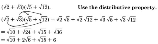 Finding the product of the binomial the square root of two plus the square root of three and the binomial the square root of five plus the square root of twelve, using the rule for multiplying square root expressions. See the longdesc for a full description.