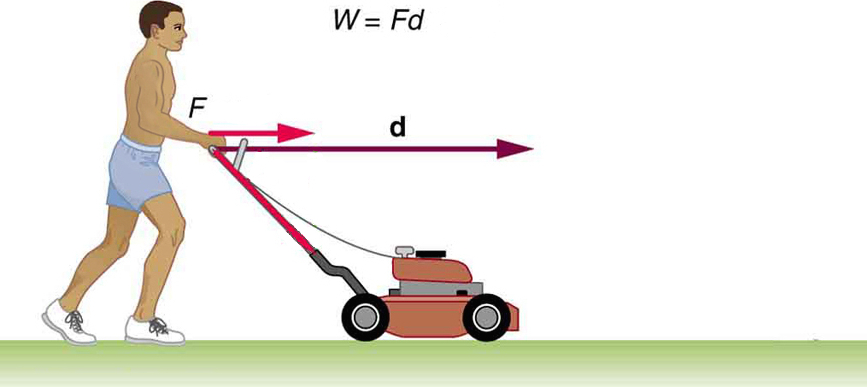 A person pushing a lawn mower with a force F. Force is represented by a vector making an angle theta below the horizontal and distance moved by the mover is represented by vector d. The component of vector F along vector d is F cosine theta. Work done by the person, W, is equal to F d cosine theta.