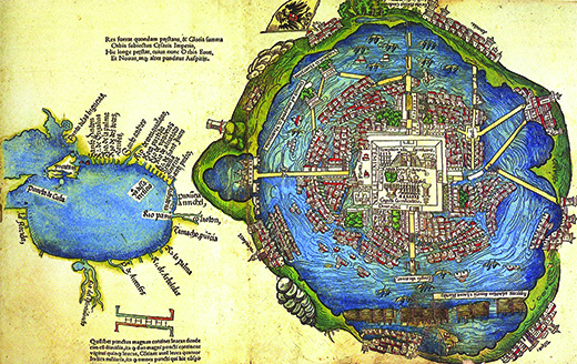 A map shows the city of Tenochtitlán. The rendering depicts waterways, sophisticated buildings, ships, and flags. Numerous causeways connect the central city to the surrounding land.