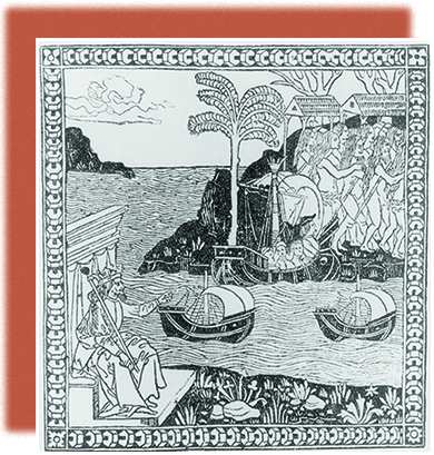 A woodcut shows King Ferdinand of Spain as a crowned, robed ruler seated on a throne, surrounded by land and sea. He points across the Atlantic, where Columbus lands with three large ships. A large group of Indians is shown on the shore.