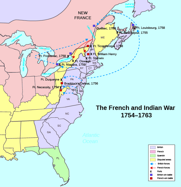 A schematic map depicts the events of the French and Indian War, including troop movements, important battles, and French and British forts.