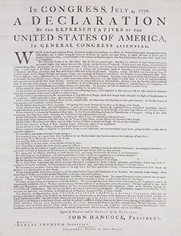 One of the Dunlap Broadsides is shown. It is headed, “In Congress, July 4, 1776, A Declaration By the Representatives of the United States of America, In General Congress Assembled.”