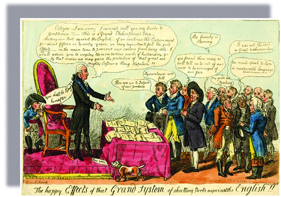 A cartoon, titled “The happy Effects of the Grand Systom [sic] of shutting Ports against the English!!,” shows Thomas Jefferson addressing four men. Eight others stand behind them. In front of Jefferson, a table is covered with papers reading, “Pettition New York,” “Pettition Maryland,” and more. With arms extended, Jefferson says, “Citizens — I am sorry I cannot call you my Lords and Gentlemen!! — This is a Grand Philosophical Idea — shutting our Ports against the English — if we continue the Experiment for about fifteen or twenty years, we may begin then to feel the good ‘Effects’ — in the mean time to prevent our sailors from being idle. I would advise you to imploy them in various works of husbandry etc by that means we may gain the protection of that great and mighty Emperor and King Napoleon!!” Napoleon, who hides behind Jefferson’s chair, says, “You shall be King hereafter.” A small dog, whose collar reads, “John Bull,” says, “Bow Wow.” The men say, “How are we to Dispose of our produce”; “My warehouses are full”; “Yea friend thou may as well tell us to cut of our nose to be revenged of our face”; “My famely [sic] is Starving”; “My Goods are Spoiling”; “It was not the case in Great Washintons [sic] time”; “We must speak to him in more forceble [sic] language.”