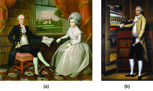 Painting (a) is a portrait of Oliver and Abigail Wolcott Ellsworth, who sit in an opulent library with a bucolic scene visible from the window. Painting (b) is a portrait of Elijah Boardman, who poses beside a desk with book-filled shelves that include the works of Moore, Shakespeare, and Milton. Beside him, an open closet displays many neatly arranged bolts of fabric.