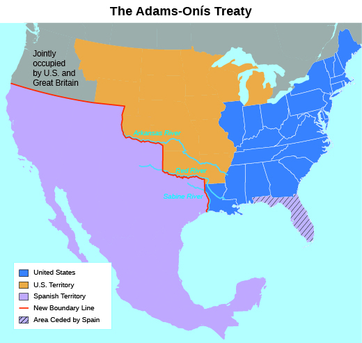 A map shows the results of the Adams-Onís Treaty of 1819. Colors indicate “United States”; “U.S. Territory”; “Jointly occupied by U.S. and Great Britain”; “Spanish Territory”; and “Area ceded by Spain.” A “New Boundary Line” indicates the border between U.S. and Spanish territory established by the treaty.