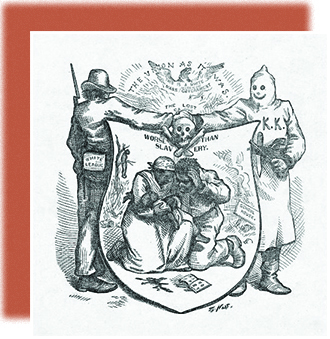 An illustration shows a man labeled “White League” shaking hands with a hooded figure labeled “KKK.” Their hands meet over a skull and crossbones. Below, a shield shows a black couple weeping over a baby. In the background, a schoolhouse burns, and a lynched freedman is shown hanging from a tree. Above the shield, which is labeled “Worse than Slavery,” the text reads, “The Union as it Was: This is a White Man’s Government.”