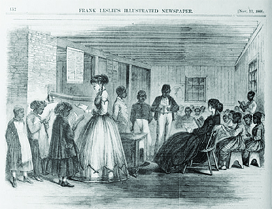 An illustration shows several white women in a schoolroom, surrounded by young black pupils reading schoolbooks.