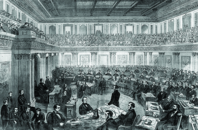 An illustration shows the House of Representatives bringing its case against President Johnson to the Senate. Representatives sort through papers, convene, and make arguments before the senators.