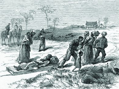 An illustration of the Colfax Massacre shows survivors tending to those involved in the conflict. The dead and wounded all appear to be black, and two white men on horses watch over them. Another man stands with a gun pointed at the survivors.