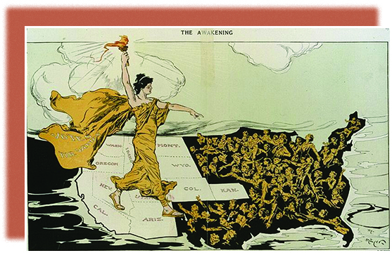 A cartoon shows a suffragist standing on a map of the United States, wearing a flowing gown that bears the words 