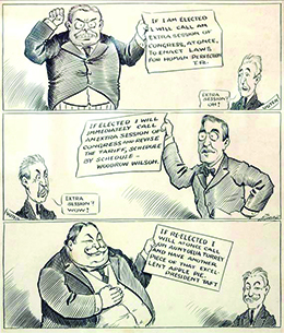 A cartoon contains three panels. In the first, an angry-looking Roosevelt holds a sign that reads 