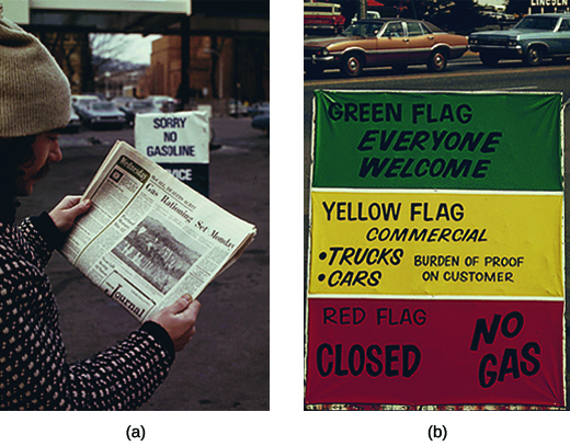 Photograph (a) shows a man standing beside a gas station reading a newspaper article with the headline “Gas Rationing Set Monday.” A sign that reads “Sorry No Gasoline” is visible in the background. Photograph (b) shows a sign with three stripes of color. The uppermost stripe, which is green, bears the message “Green Flag/Everyone Welcome.” The middle stripe, which is yellow, bears the message “Yellow Flag/Commercial/Trucks, Cars/Burden of Proof on Customer.” The bottom stripe, which is red, bears the message “Red Flag/Closed/No Gas.”